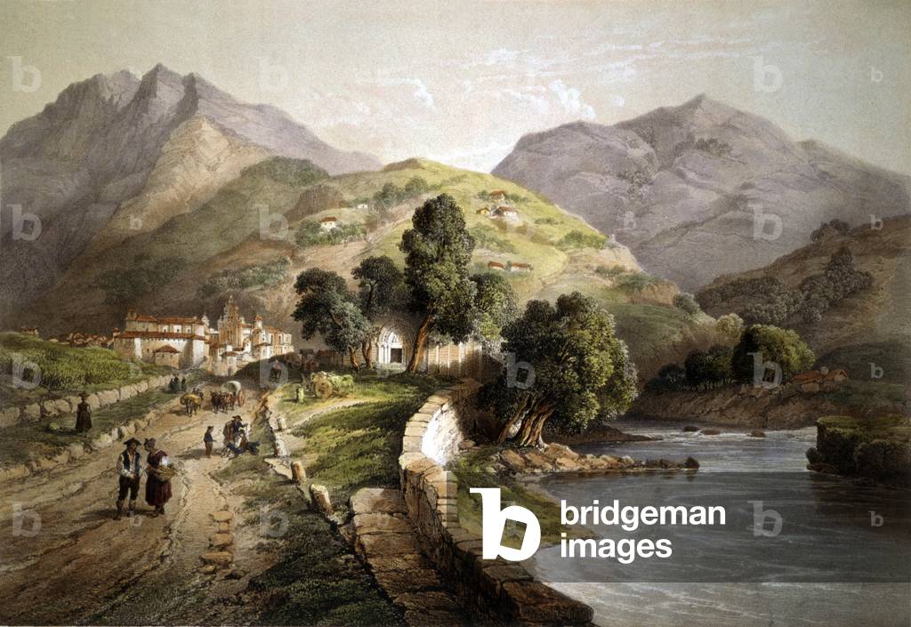 Tolosa and the Hermitage of San Esteban, c.1850 (litho)