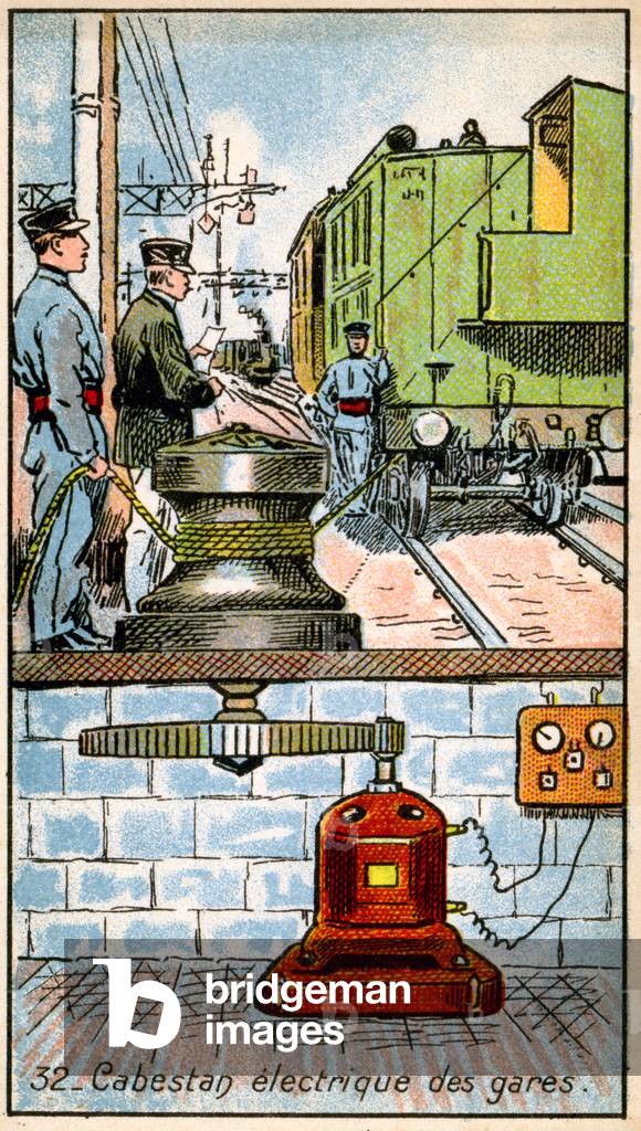 Science. Energy. Electric capstan (winch) in a railway station. Imagery from a series on the Wonder of Electricity, France, c.1910.