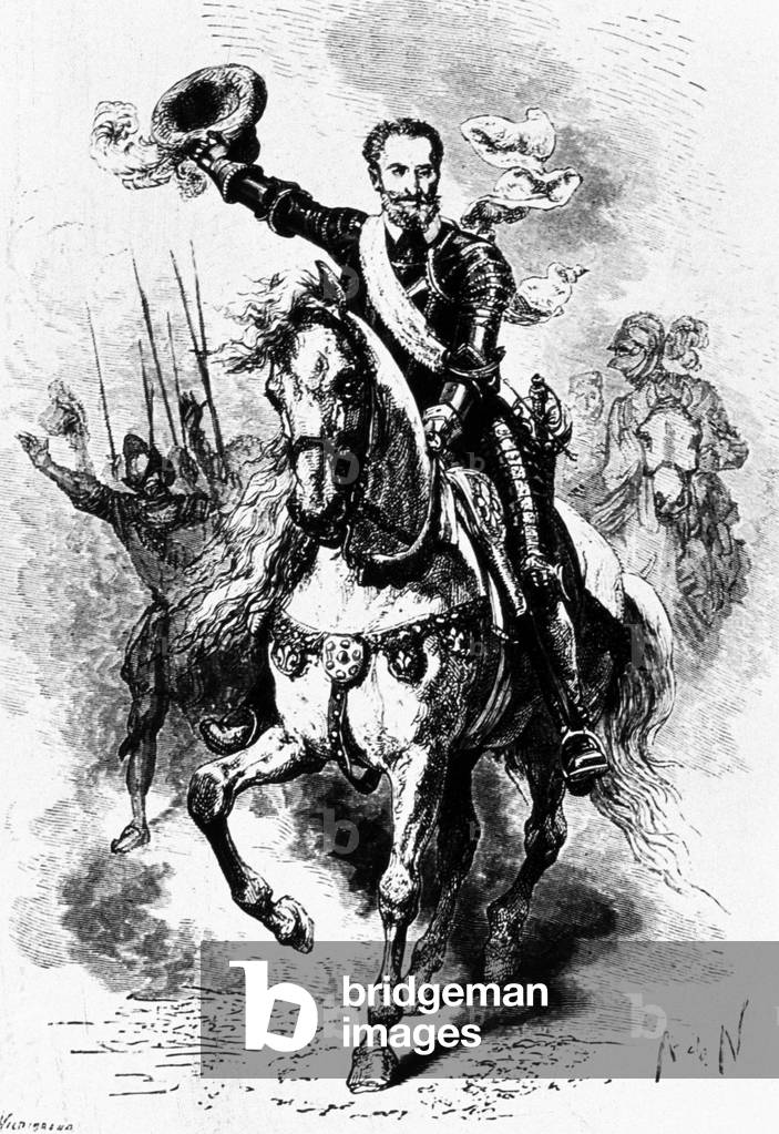 Henri IV leading protestants at Ivry battle, 19th century (engraving)