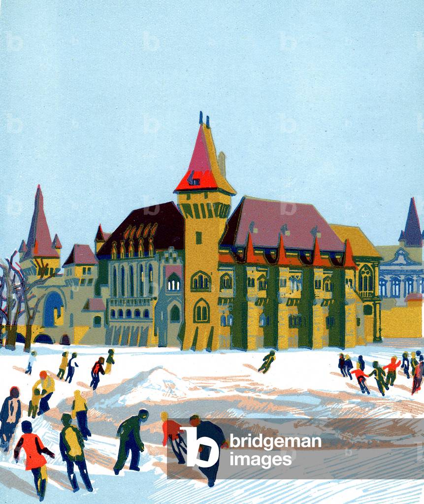 Ice rink in front of Vajdahunyad Castle, Budapest, c.1930 (illustration)