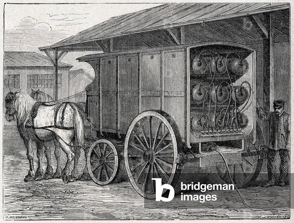 Science. Energy. Horse car for the tranport of the compressed gas. Engraving in: Grands hommes et grands faits de l'industrie, France, c.1880 (engraving)