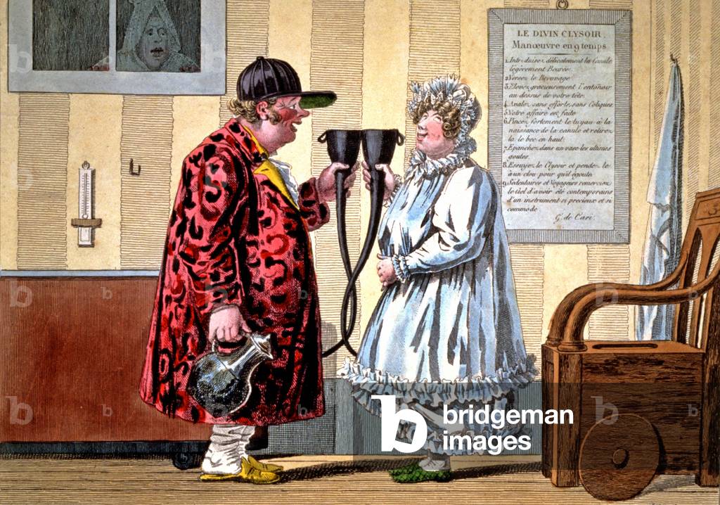 Caricature of a couple using the enema, c.1840 (engraving)
