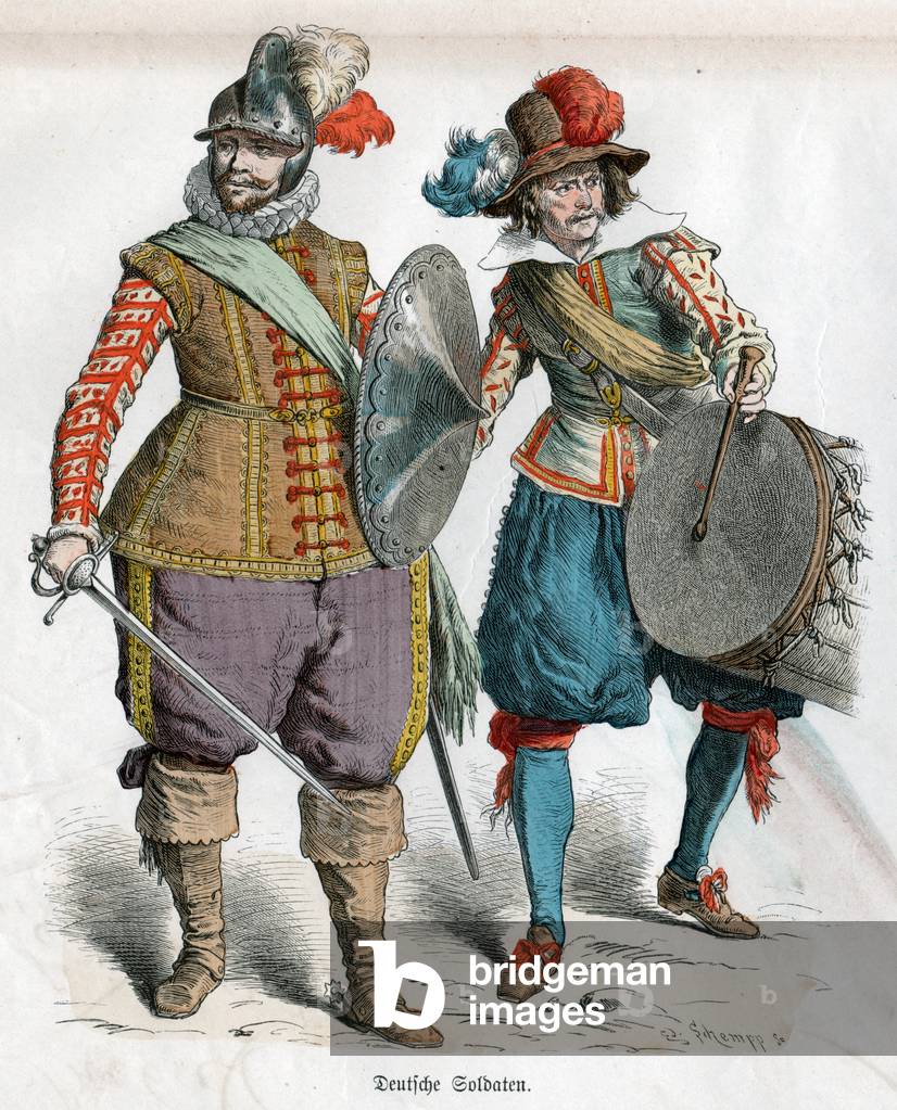 Geography. Germany. German soldiers. German costumes of the XVIIth cent. Engraving 