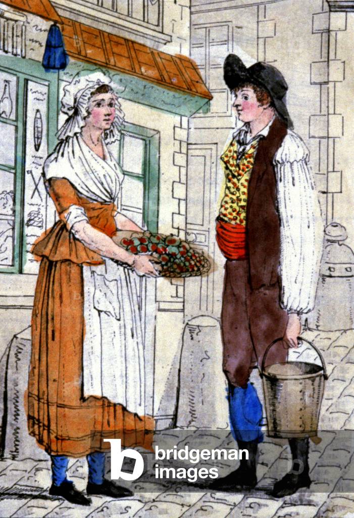 Water carrier and fruit merchant in Paris, 1810 (engraving)