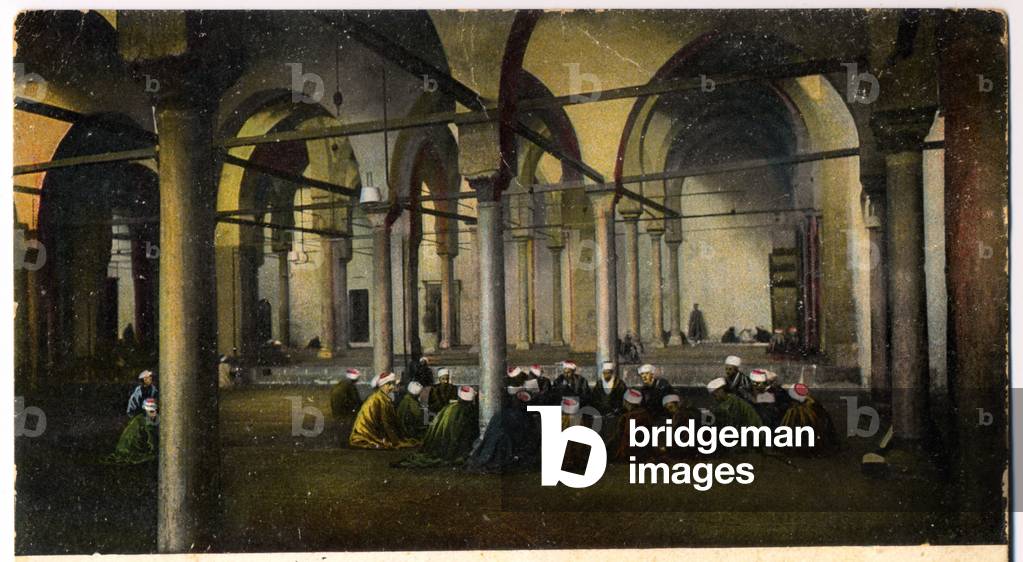 Religion, Islam. Coranic school in Cairo, Al Azhar mosque, Egypt. Postcard, Egypt, c.1900 (postcard)