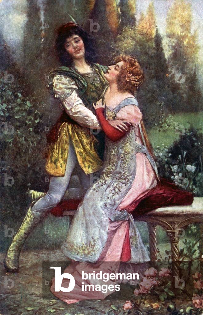 Literature. Francesca da Rimini and Paolo Malatesta. Illustration inspired by S. Postiglione in: The Divine Comedy, by Dante Alighieri, Czech Republic, c.1910 (postcard)