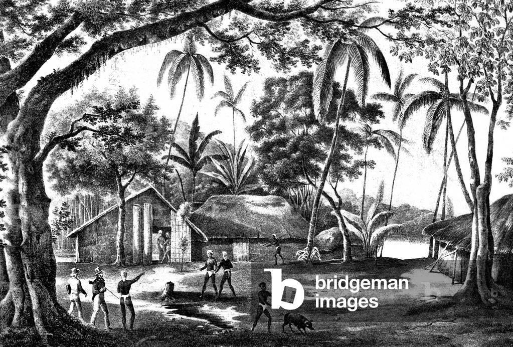 Manevai village in Solomon Islands, 1826-1829 (engraving)