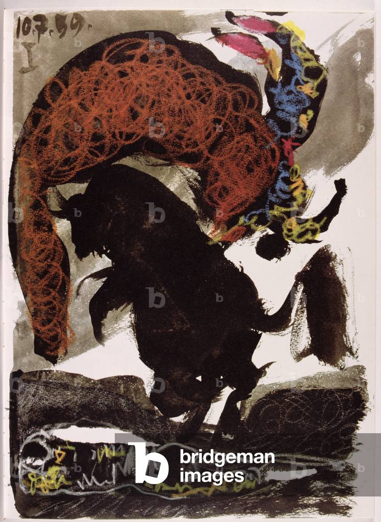 Corrida, 1959, in 'Toros y Toreros' pubblicato da Le Cercle d'Art nel 1961 (inchiostro indiano e pastello colo