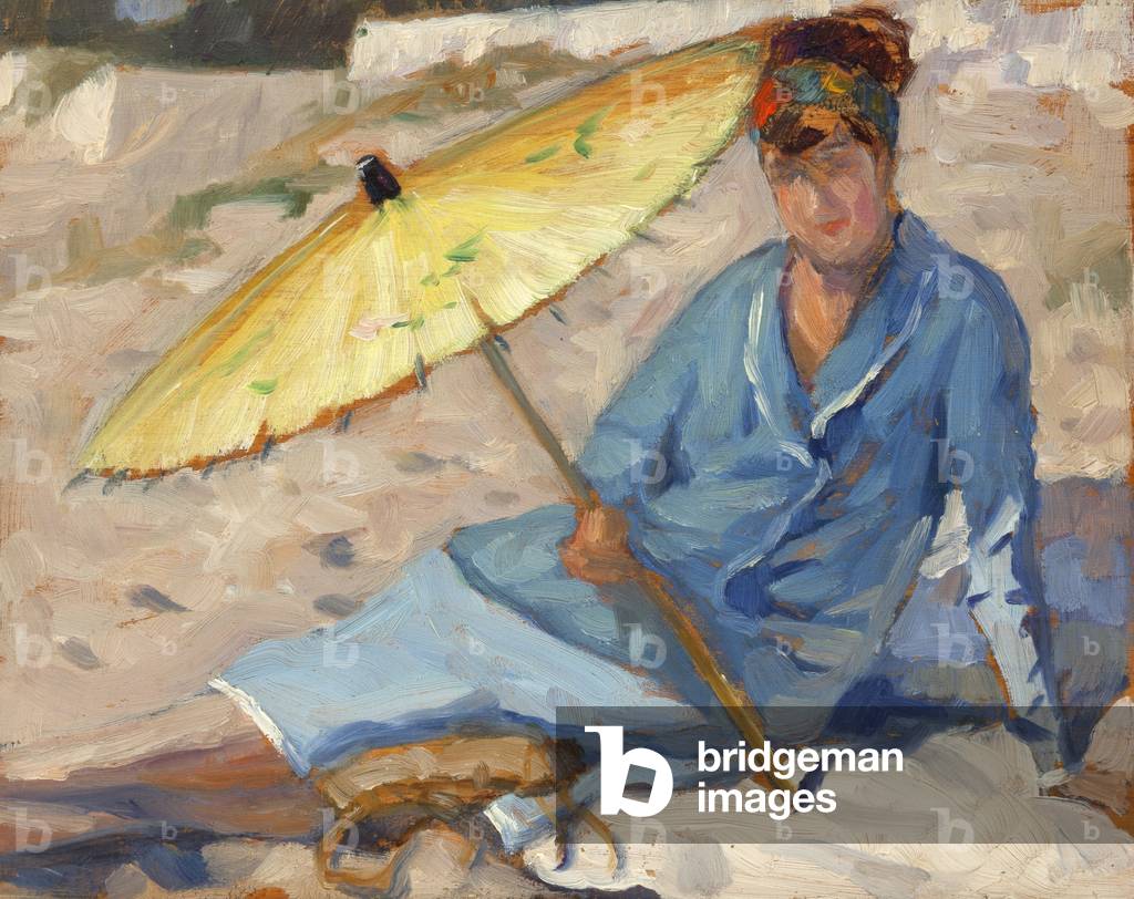 Woman in a suit with a yellow parasol, 1925 (oil on panel)