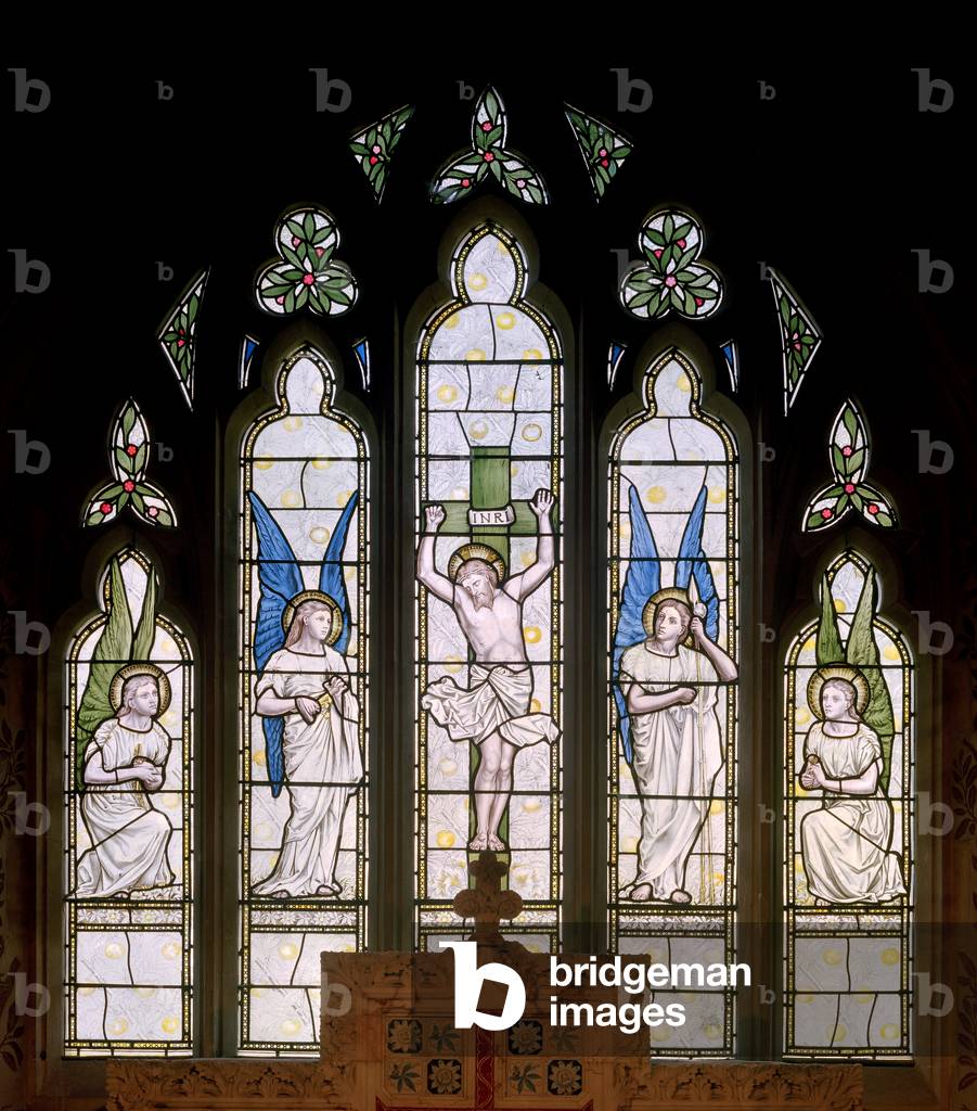 Hornblotton, St Peter, James Powell & Sons, Thomas G Jackson, East Window, Crucifixion & Angels, 1874