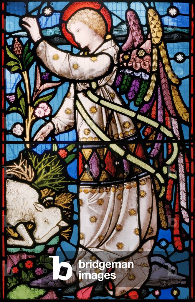 An Angel brings a message to Abraham not to sacrifice his son but substitute a sheep instead, which has been caught in bushes, c.1867 (stained glass)