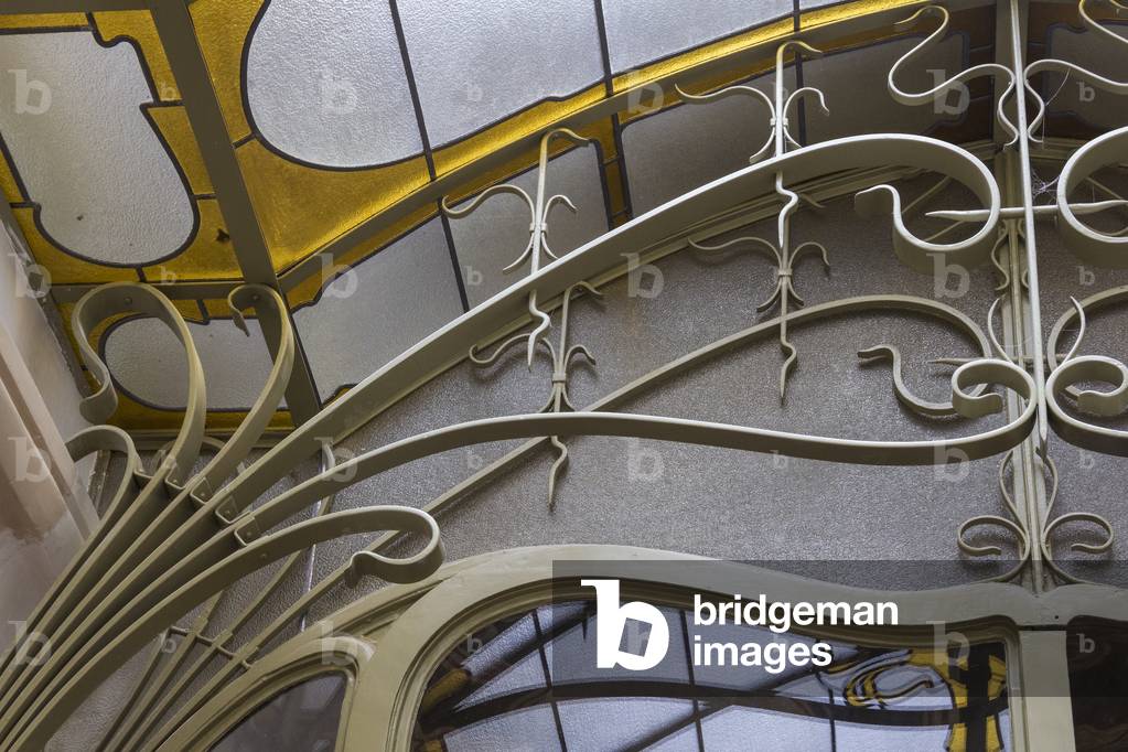Winter garden ironwork, modern, restored by Barbara Van Der Wee, Hotel Frison 37 Rue Lebeau Brussels 1894-95 (photo)