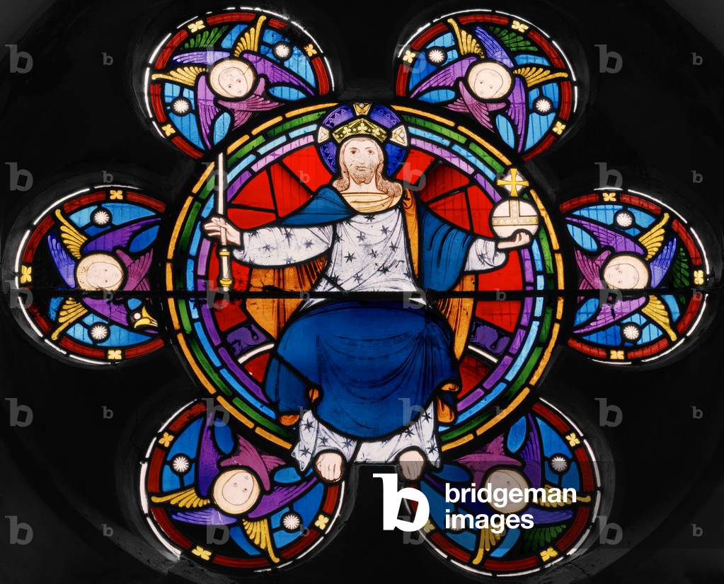 Abbey Cwm Hir, St Mary, East Window, Rose Window, Heaton, Butler & Bayne, Alfred Hassam, Christ In Majesty surrounded by Angels, 1863