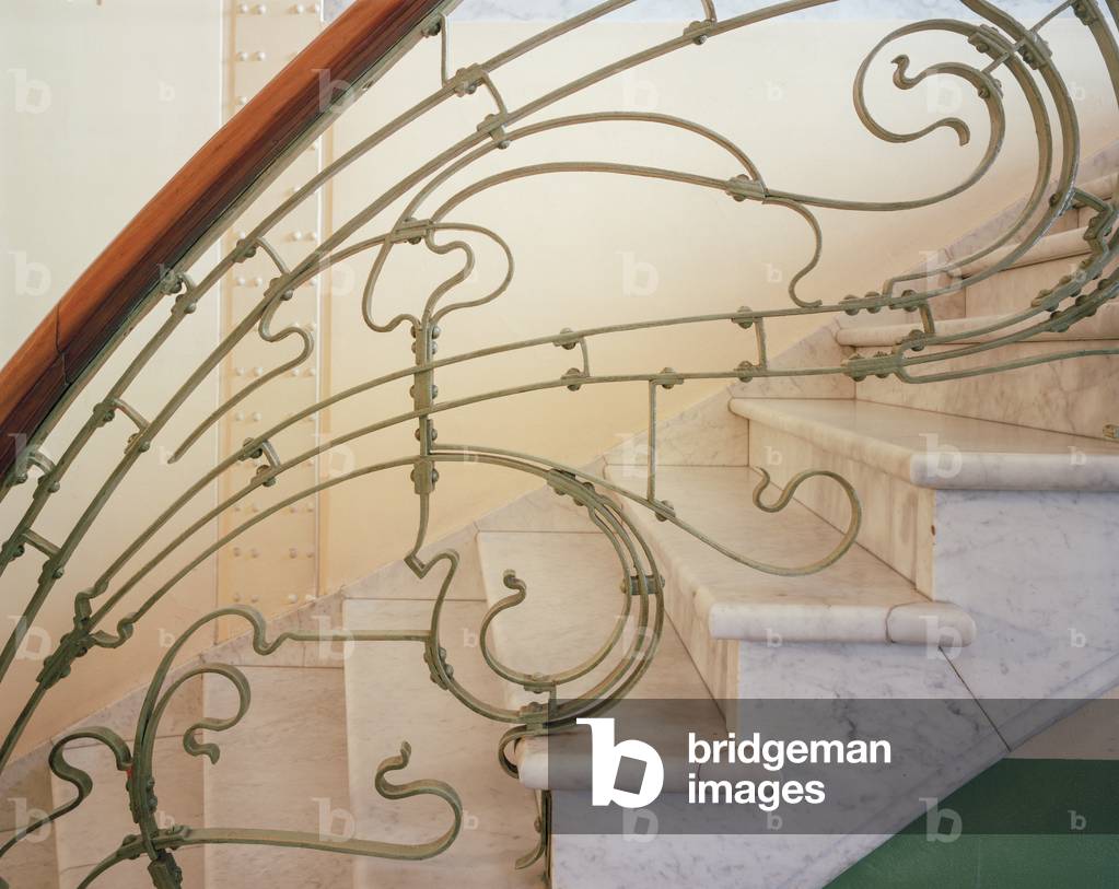 Detail of ironwork stair balustrade, Hotel Winssinger, 66 Rue De LHotel Des Monnaies, Saint-Gilles, Brussels, 1894-97 (photo)