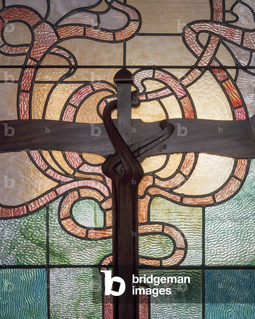 Detail of glazed dining room door from winter garden, Hotel Van Eetvelde 2 & 4 Avenue Palmerston, Brussels, 1895-1901 (photo)