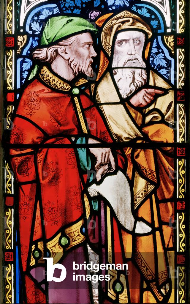 Two men listening to John The Baptist Preaching, detail from the east window, 1857 (stained glass)