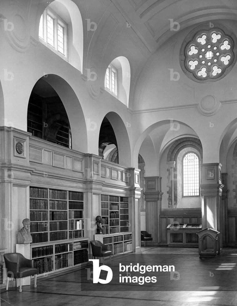View of newly-completed Archives building interior at Canterbury Cathedral, showing reading room, Canterbury Cathedral, Kent, UK, 1954 (b/w photo)