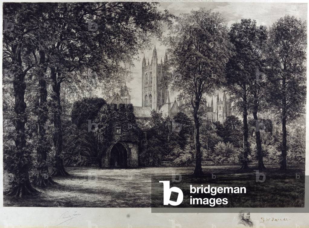 View from north-east of cathedral from Green Court, showing Prior Selling's Gate, shrubbery and trees in infirmary garden, and dormitory ruins, 1891 (etching)