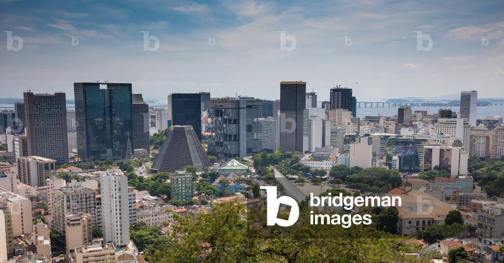 City centre panorama with Metropolitan Cathedral of Saint Sebastian or Metropolitan Cathedral of Rio de Janeiro and Carioca Aqueduct, Rio de Janeiro, Brazil