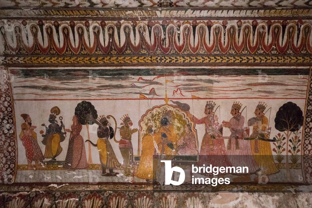 Fresco at the Raja Mahal, Orccha, Madhya Pradesh, India, February 2018 (photo)
