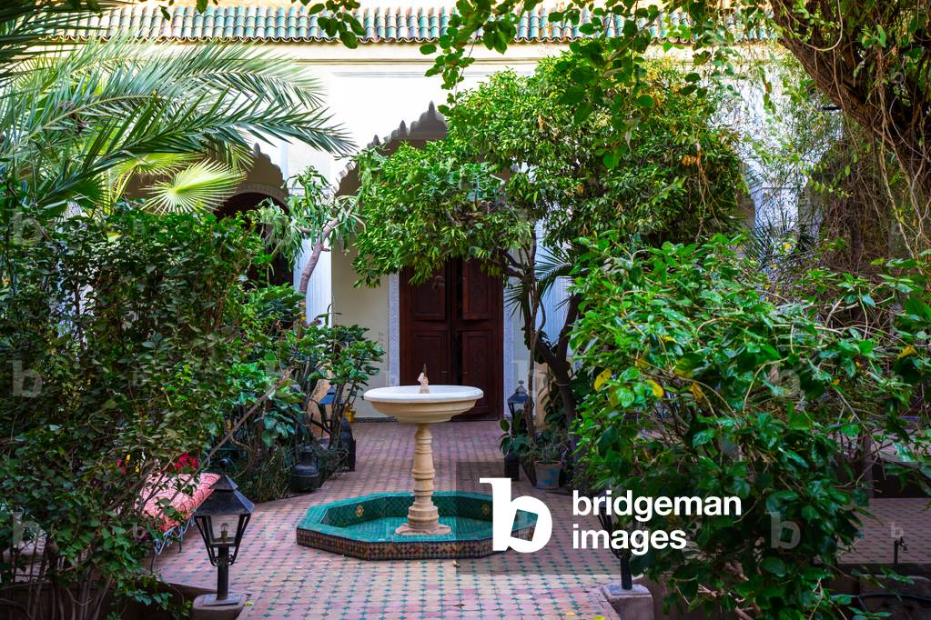 Inner courtyard of traditional Moroccan house, old town medina, Marrakesh, Morocco September 2018 (photo)