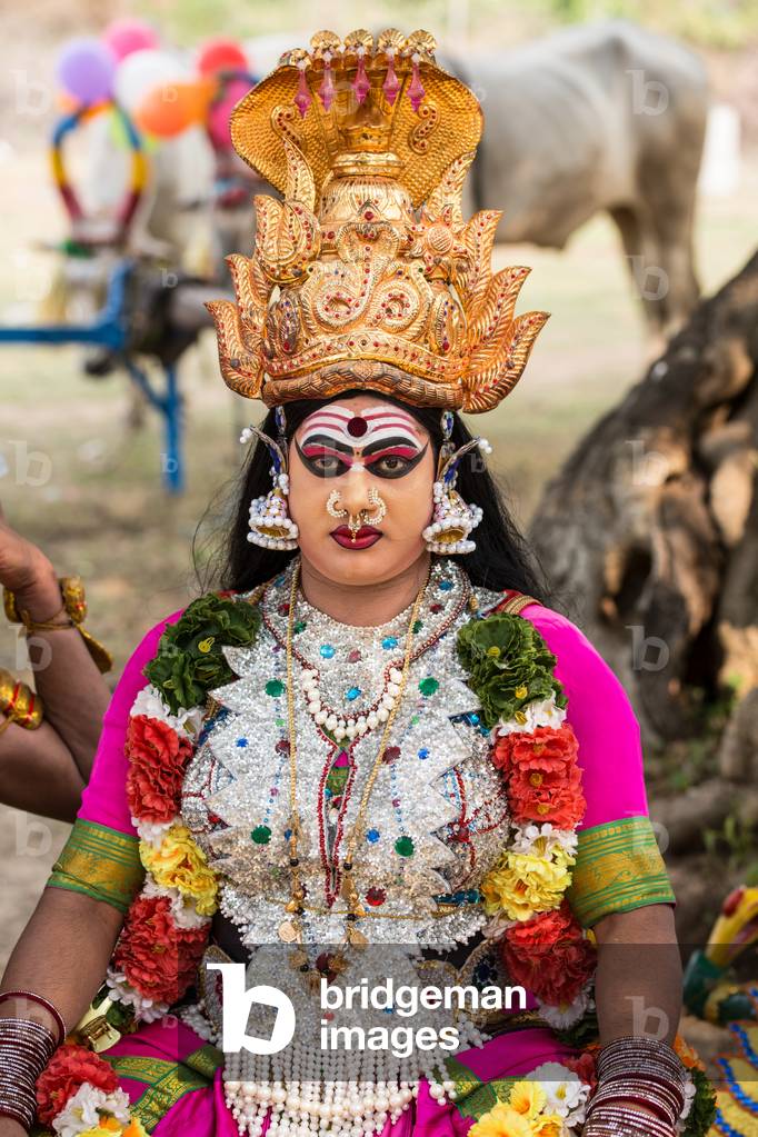 Local dressed as Hindu God as part of Pongal Festival celebrations, Tamil Nadu, India, February 2019 (photo)