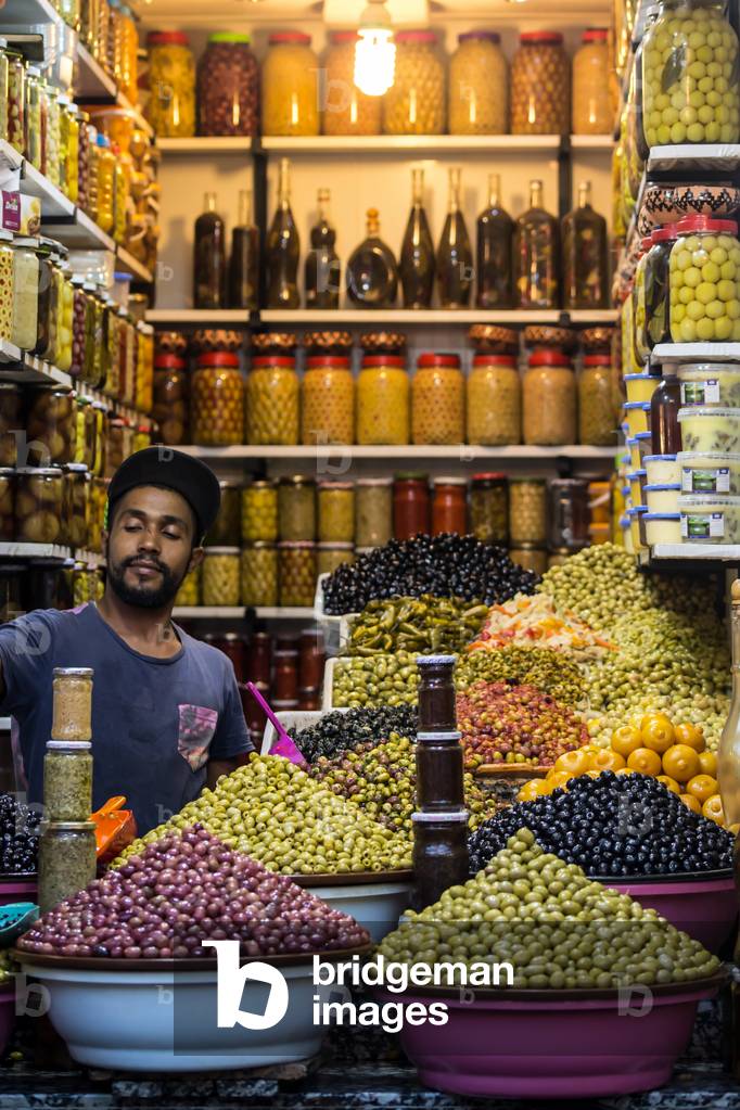 Olive stall in the souk, medina quarter, Marrakech, Morocco, September 2018 (photo)
