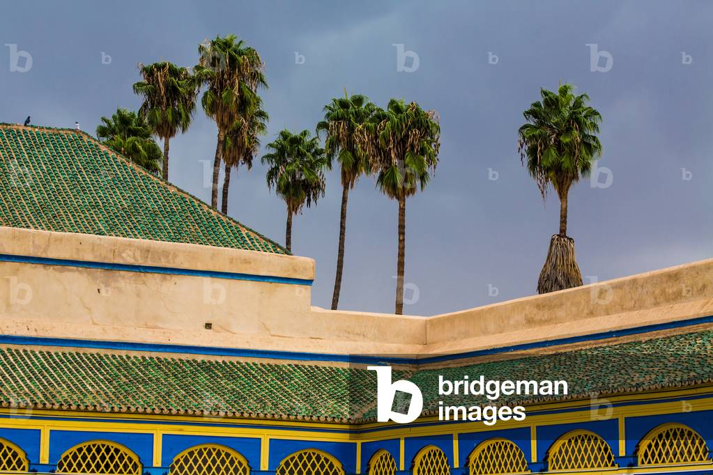 Design detail of Moroccan glazed tile roof, Marrakech, Morocco, November, 2018 (photo)