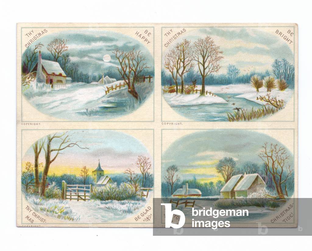 Edwardian Christmas postcard of four winter scenes, c.1910 (colour litho)