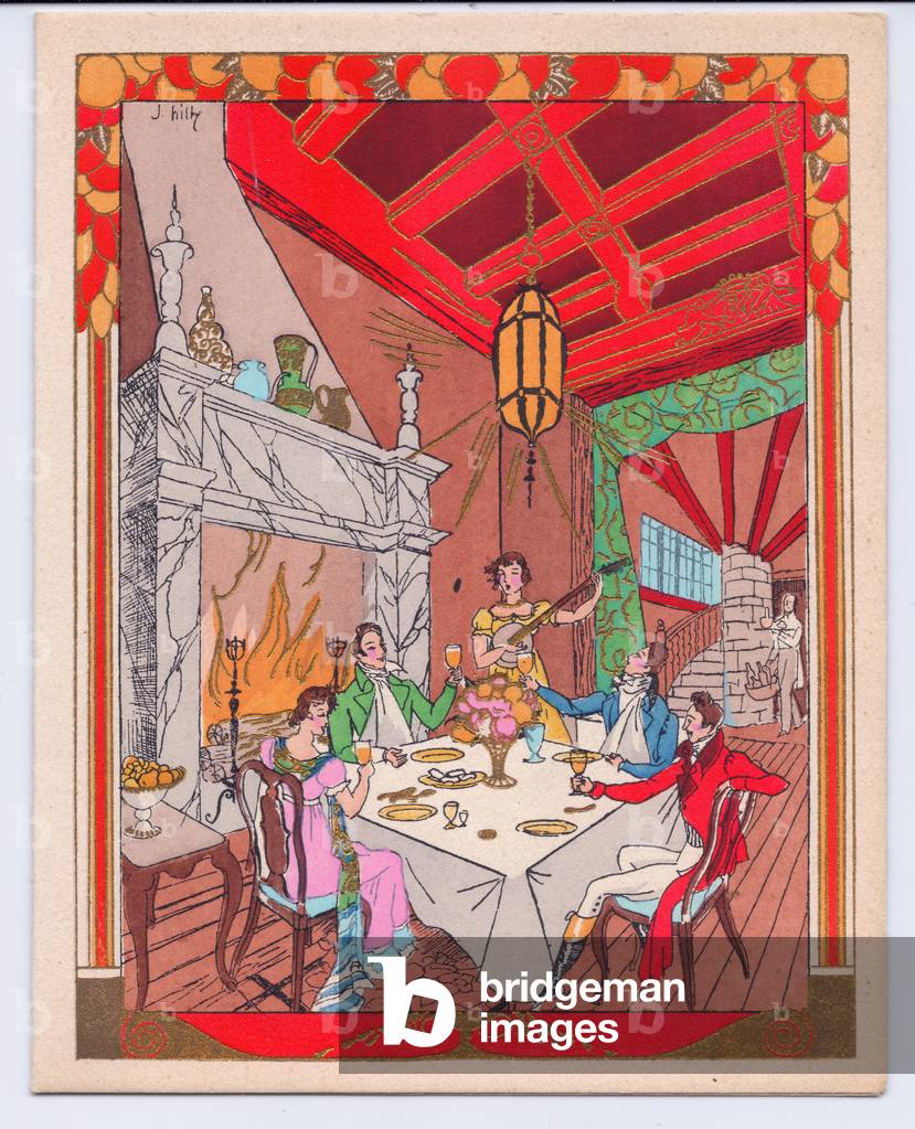 A hand-coloured French Pochoir Christmas Card of a Victorian dinner party next to a fireplace in a baronial hall, circa 1920 (stencil)