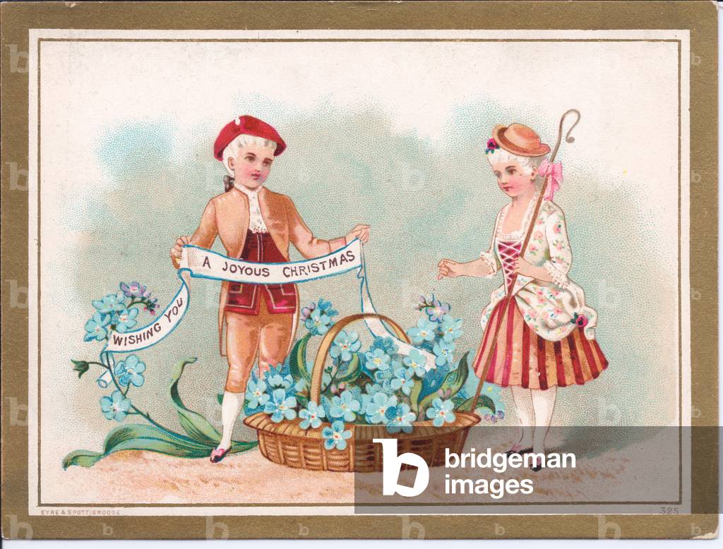 Victorian Christmas card of a boy and girl dressed as a shepherd and shepherdess with a wicker basket of forget-me-nots, c.1880 (colour litho)