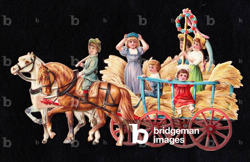 A Victorian die cut three dimensional greeting card of children on a horse drawn cart, c.1880 (colour litho)