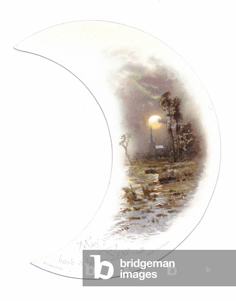 Victorian crescent shaped New Year card of a church near a brook on a moonlit night, c.1880 (colour litho)