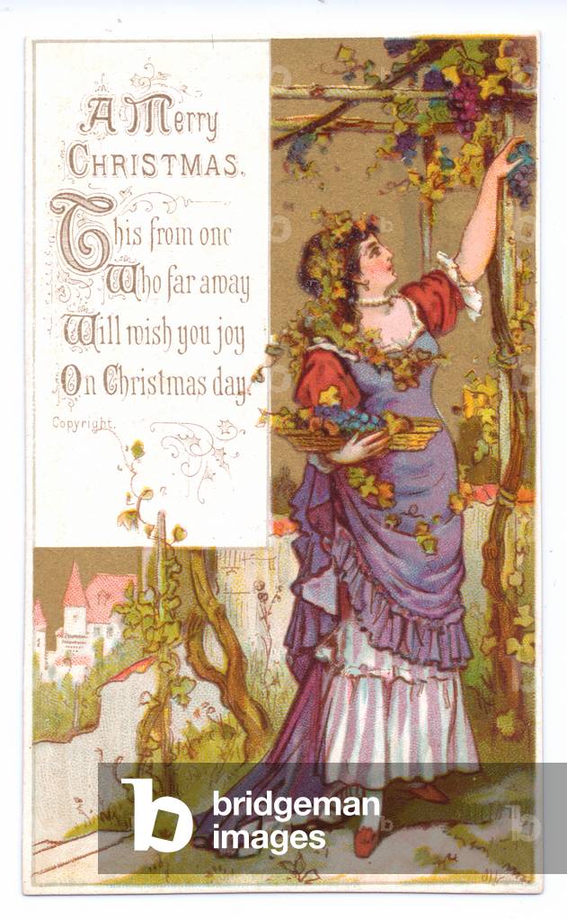 A Victorian Christmas card of a woman in elaborate costume picking grapes, c.1880 (colour litho)