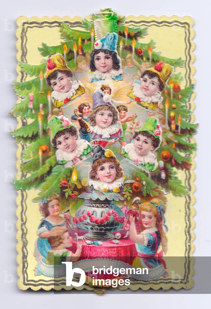Victorian Christmas card of a Christmas tree decorated with candles and faces of children, c.1880 (colour litho)