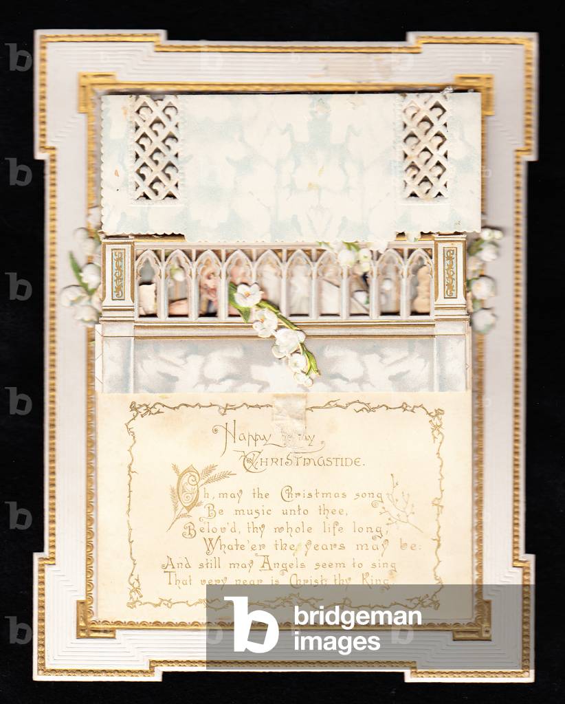 A Victorian front cover of a pop up Christmas card of angels and lily of the valley, c.1880 (colour litho)