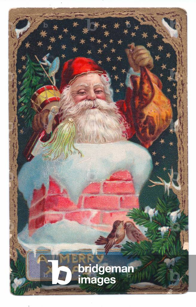 Edwardian Christmas postcard of Father Christmas in a chimney holding a turkey, c.1910 (colour litho)