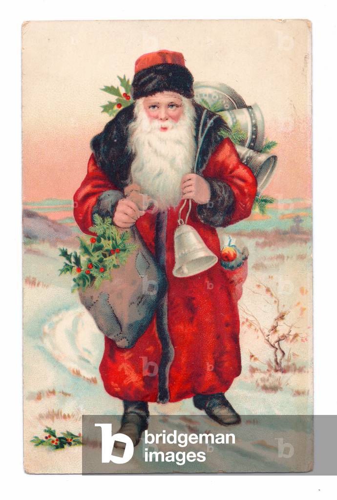 Edwardian postcard of Father Christmas holding a bag of holly and carrying bells across his shoulder, c.1910 (colour litho)
