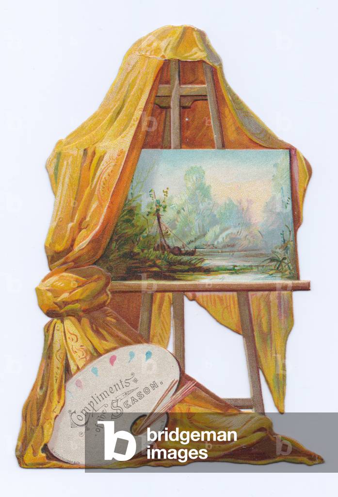 A Victorian die-cut shape card of a painting on an artist easel with a drape on it, c.1880 (colour litho)