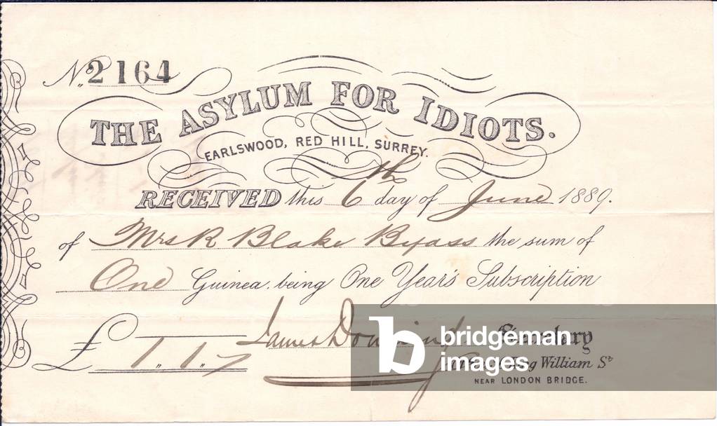 A greeting cheque from the Asylum for Idiots for one guinea, c. 1889 (colour litho)