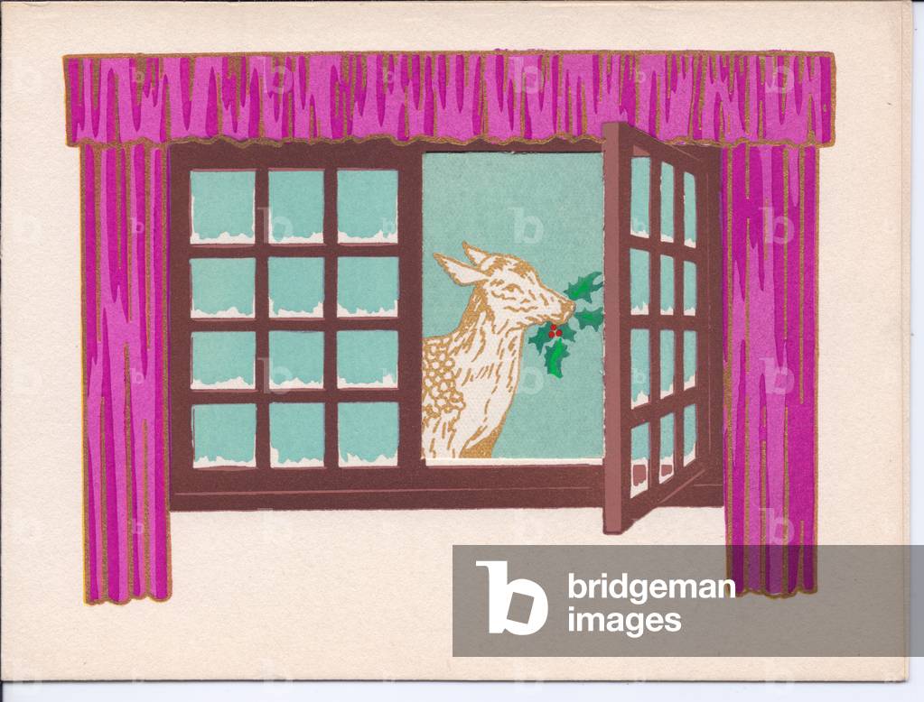 A hand-coloured French Pochoir Christmas card of a deer holding a sprig of holly in front of a window, circa 1920 (stencil)