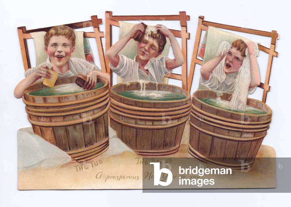 A Victorian die-cut shape New Year card of three boys bathing themselves from tubs of water, c.1880 (colour litho)