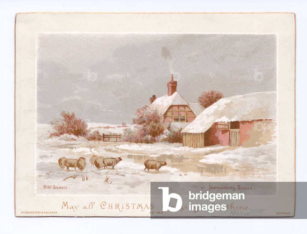Victorian Christmas card of sheep wandering in the snow, c.1880 (colour litho)