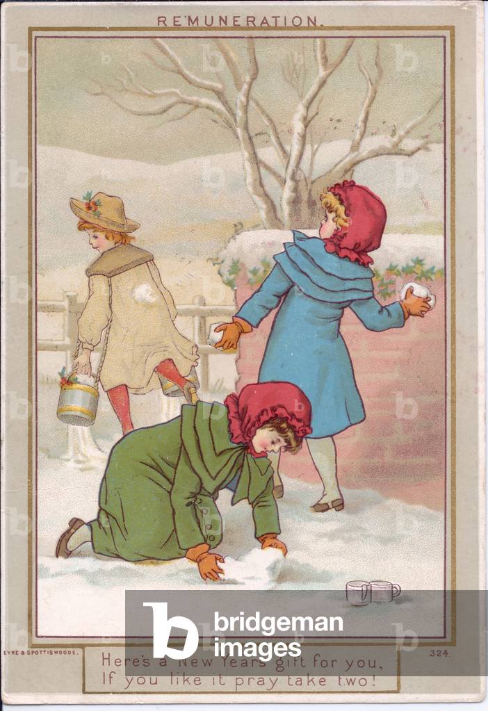 A Victorian New Year card of two girls throwing snowballs, c.1880 (colour litho)