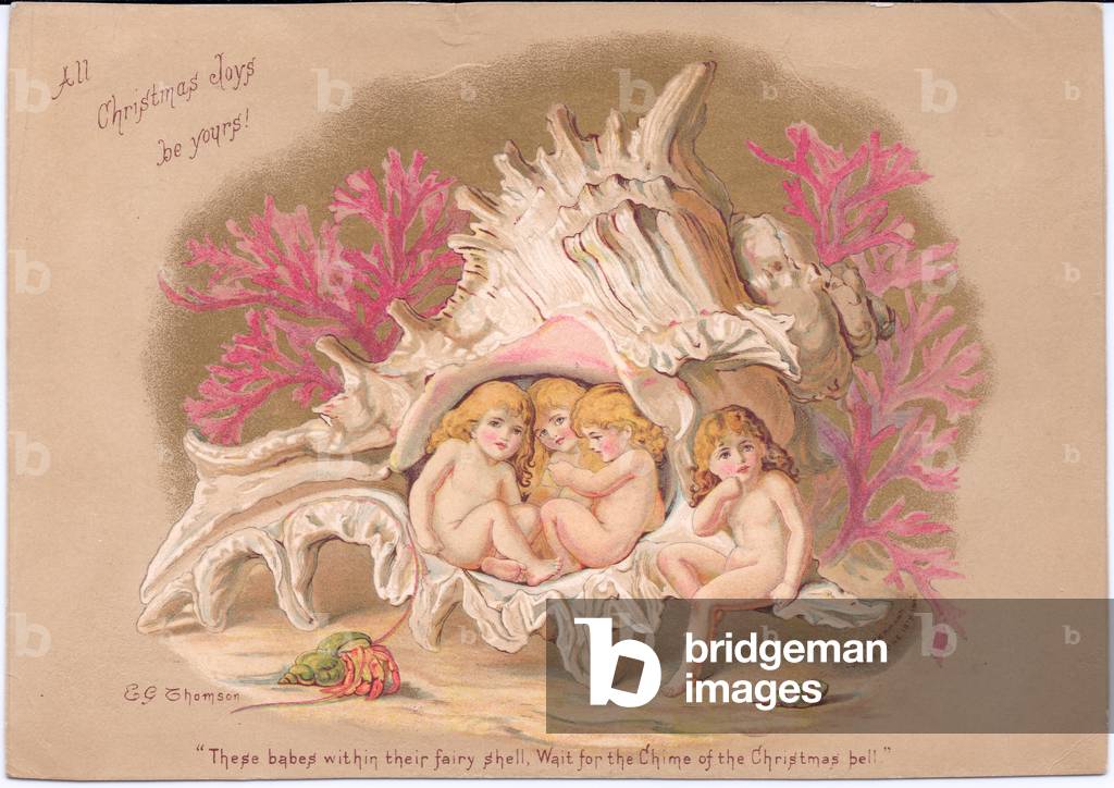 A Victorian Christmas card of four water babies sitting inside a Ramrose Murex sea shell, against a background of coral and a hermit cram inside its shel,l by Gertude Thompson, c.1895 (colour litho)