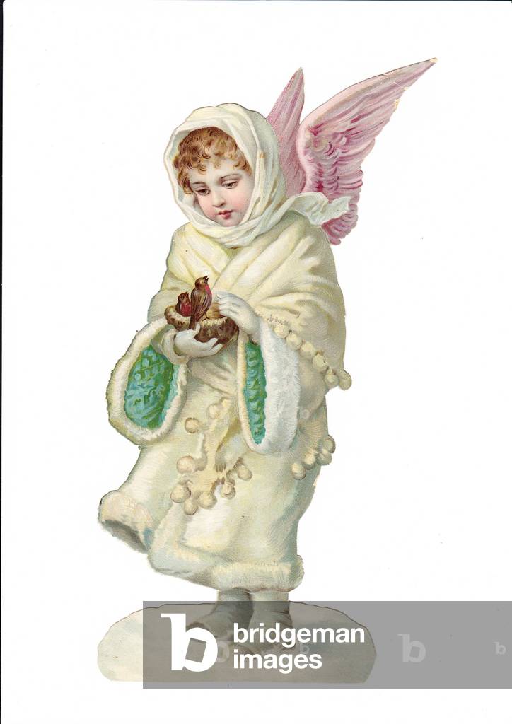 A Victorian Paper Scrap Relief of an angel in a fur trimmed coat holding two birds, c.1880 (colour litho)