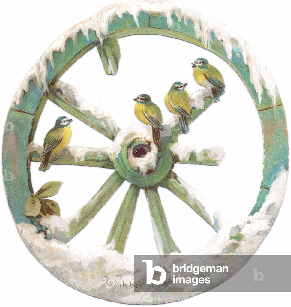 A Victorian Die-cut Shape card of birds perched on a snow covered wheel, c.1880 (colour litho)