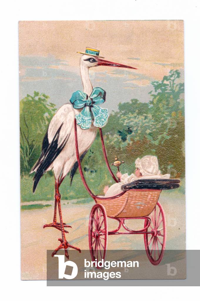 Edwardian postcard of a stork wearing a hat and bow drawing a pram with a small child in it, c.1910 (colour litho)
