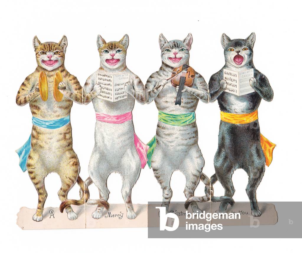 A Victorian die cut Christmas card in the shape of four cats playing musical instruments and singing, c 1880 (colour litho)