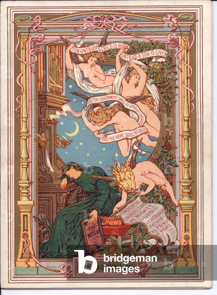 A Victorian Christmas card of a woman holding a book titled 'The Messiah' having a dream of angels holding religious scrolls, c.1880 (colour litho)